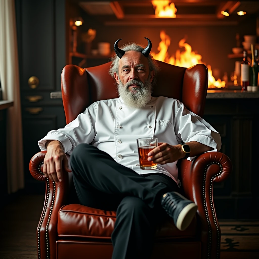 a 50-year-old chef seated in a worn leather armchair. His white beard and hair with devil horns on his forehead give him an air of wisdom and experience. with one leg crossed over the other, holding a glass of whiskey while a cigarette rests peacefully on his left . His gaze is imposing. wrapped in an intense atmosphere of fire a hotel kitchen in chaos, with flying food elements as if time had stopped 