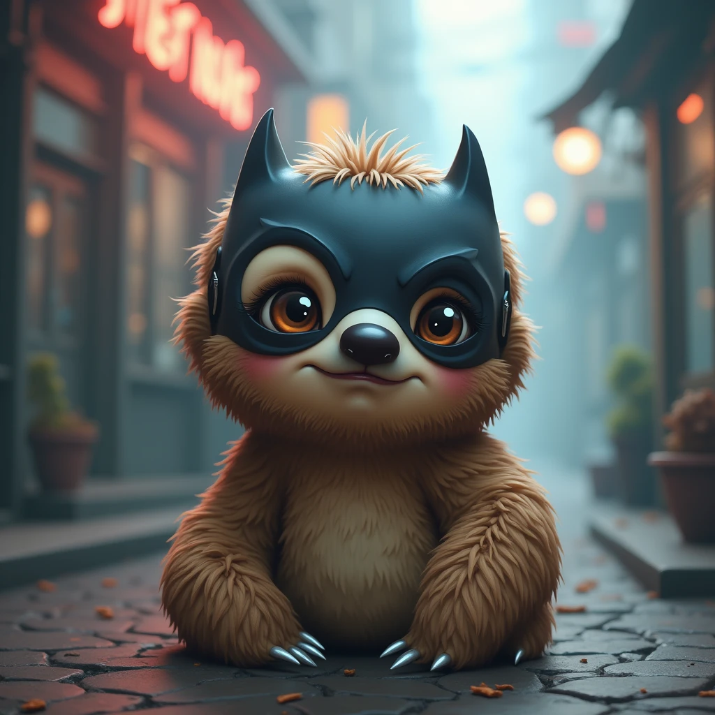 A whismical caricature of anthropomorphic sloth wearing batman mask soft pastel colors errhernal punk atmosphere.