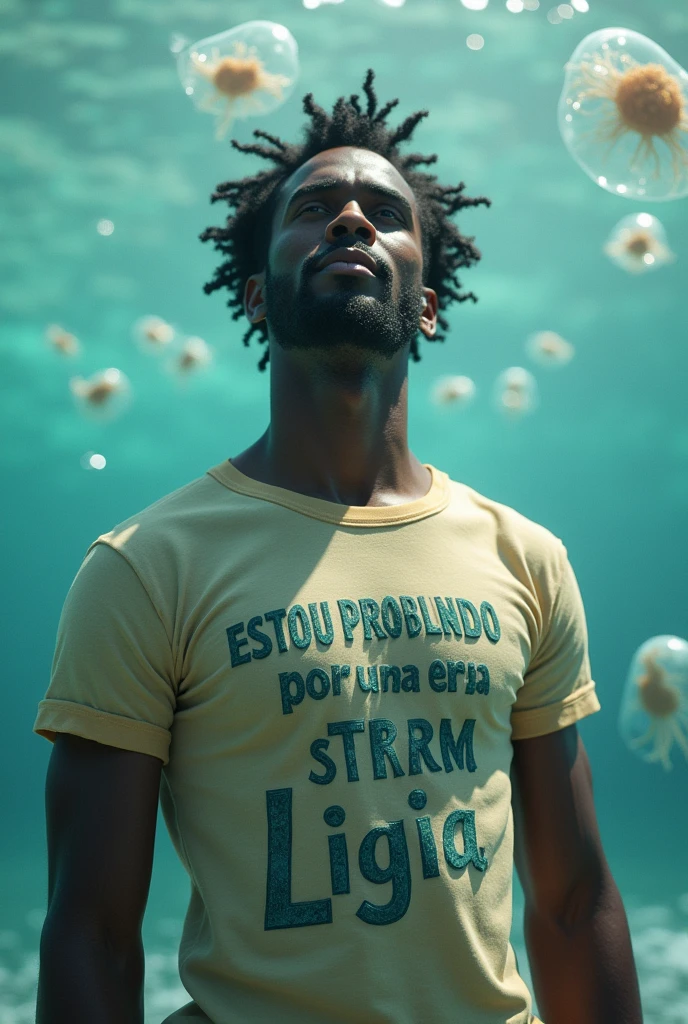 create an image of a young black man between 31 years old wearing a t-shirt with the phrase. "I am looking for a mermaid named Ligia".
The phrase should be written in Portuguese in 3D