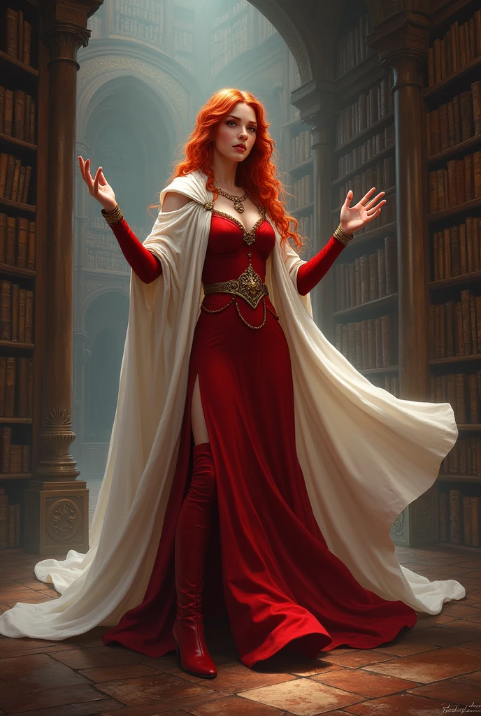 high details, best quality, 16k, [ultra detailed], masterpiece, best quality, (extremely detailed), full body, ultra wide shot, julie bell style (ultra details, Masterpiece, best quality), fantasy art, dnd art,fantasy art, realistic art, a sorceress casting a DruidMagicAI spell in magical library (ultra details, Masterpiece, best quality), exquisite beautiful human woman (ultra details, Masterpiece, best quality), red hair, long hair, (long red dress: 1.2), (white cloak: 1.3), high heeled boots (ultra details, Masterpiece, best quality) DruidMagicAI