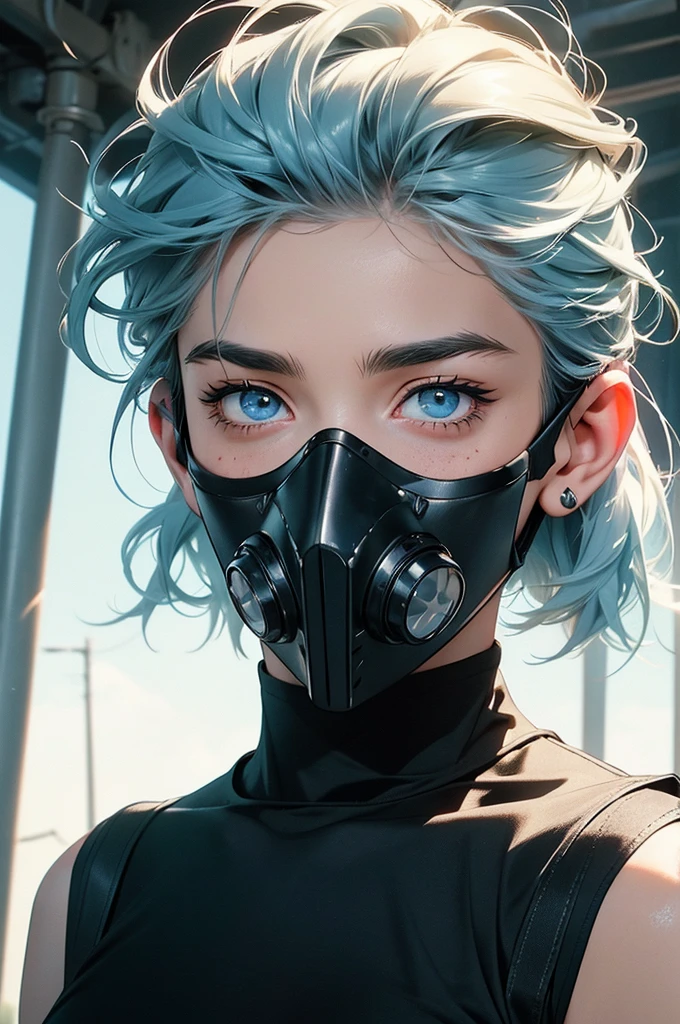Young man with medium-length light blue hair, light blue eyes, black pants, skeleton motifs on clothing, gas mask-style mask over mouth, tight-fitting black leather sleeveless t-shirt with ribcage motifs, tight-fitting clothing, visible navel, freckles, tattoos, long eyelashes, war paint on dripping face, does not smile, beautiful eyes, delicate features, soft colors, serene atmosphere, high quality, detailed, photorealistic, photo-realistic:1. 37, 4k, ultra-detailed, extremely detailed, hyperrealistic, highly detailed, masterpiece:1.2, vibrant colors, natural lighting, cinematic, dramatic, fantastic, magical, surreal.
