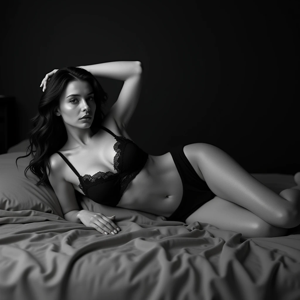 sensual brunette woman on a bed in underwear black and white photo