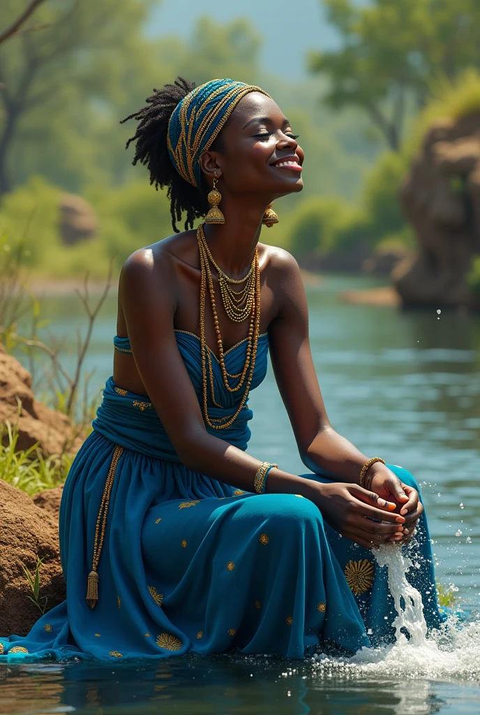 Olama Is a beautiful blind queen, she is putting on a blue dress with beads on her head and her waist representing her royalty she is dark and has a stunning smile . The picture should be in Africa way make her to appear in a river playing with water 