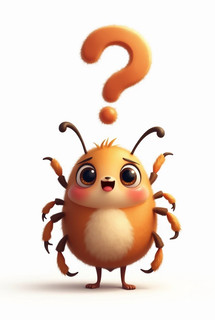 CREATE AN IMAGE OF A CUTE TICK WITH DOUBT, WITH A QUESTION MARK OVER HIS HEAD ON A WHITE BACKGROUND