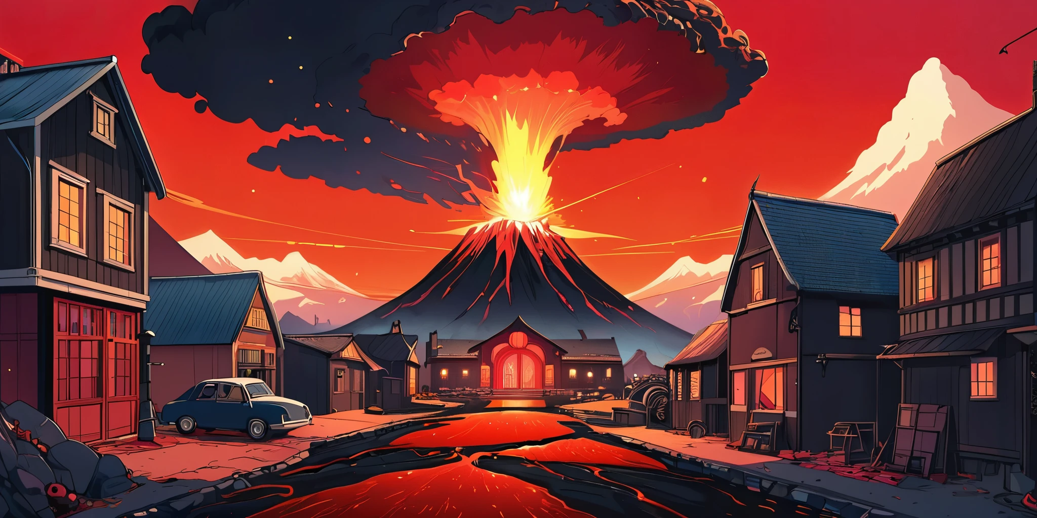 Dessinez une affiche d'anime lofi, village, volcan, Décoration Steampunk, lave, Lumière, une belle palette de couleurs en noir rouge, couleurs saturées vibrantes, ouvrages d'art, les jours, thème animé