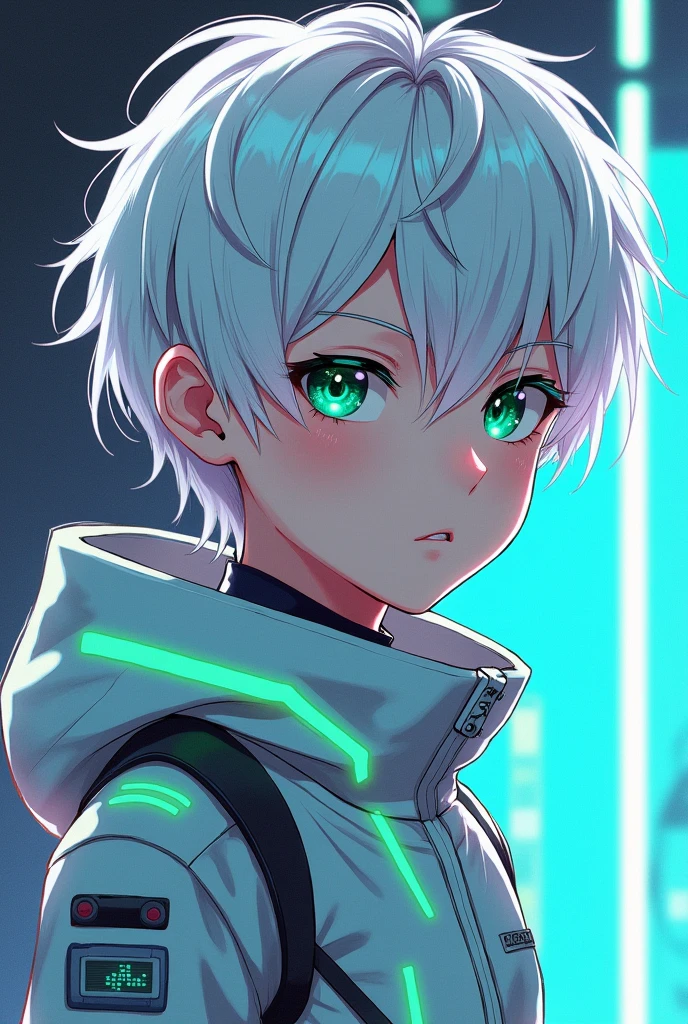 Anime version of white hair green eyes, boy, age , wearing neno tech suit.