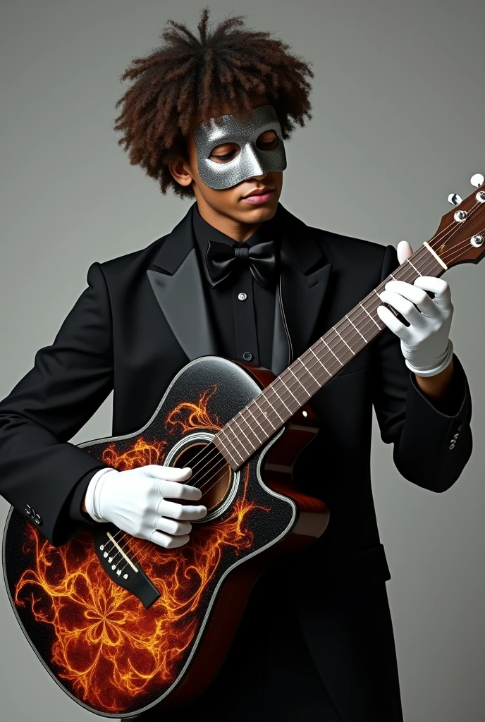 Create an image of a young adult man with brown skin and curly hair., with a silver mask, a black bow around his neck, with white gloves, playing a black acoustic guitar with fire details on it and he is dressed in black