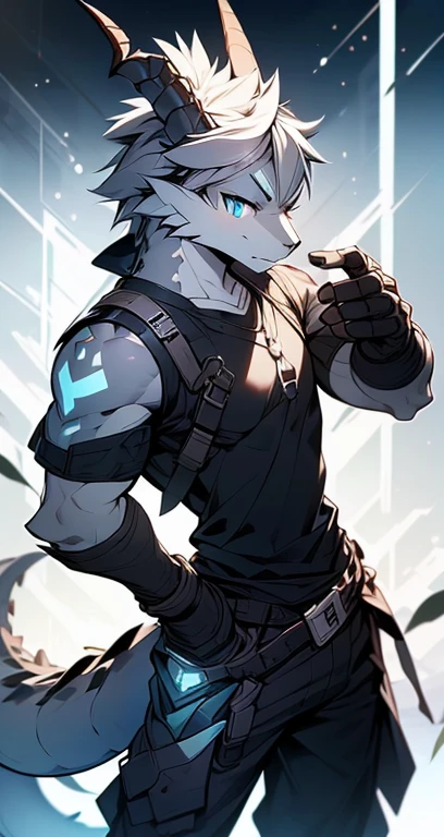 Masterpiece, Cool Pose, Furry Gray Dragon, Medium Strong Body, Blue Eyes, Grey Medium Hair, Combat Black Shirt, Combat Gloves, Combat Pants, Fierce, Good looking 
