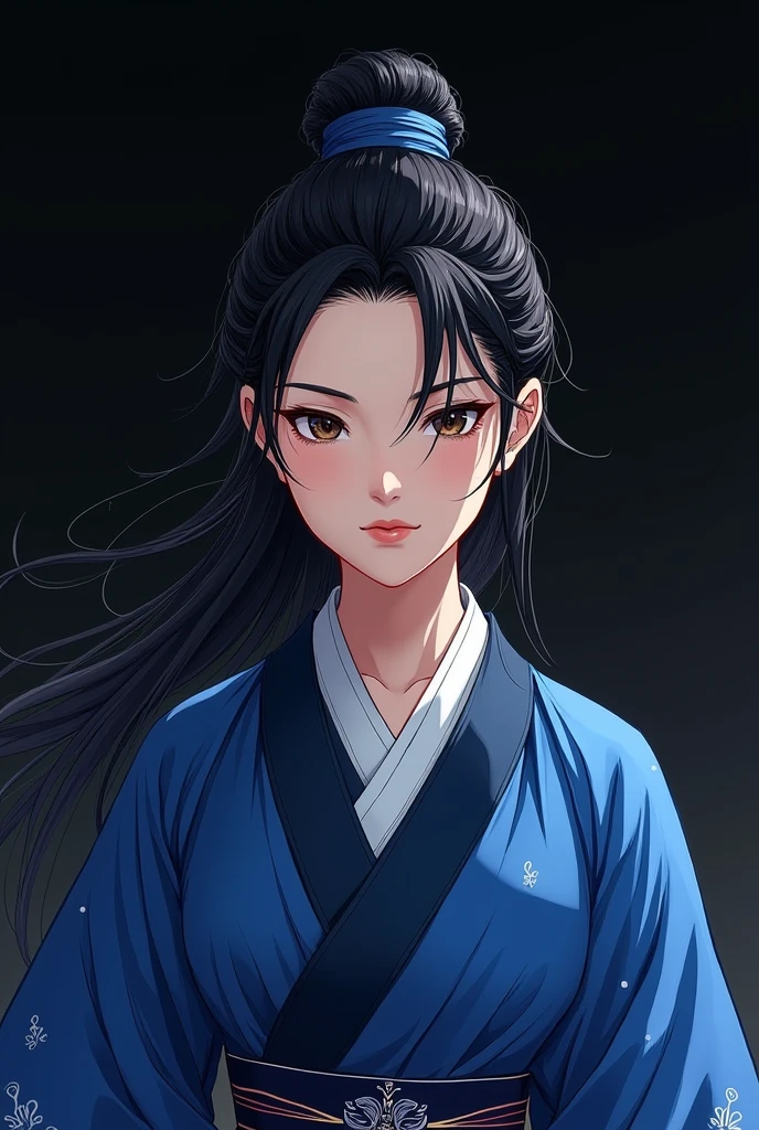 Create from the shoulder up a South Korean warrior girl in blue clothes with a black anime style background