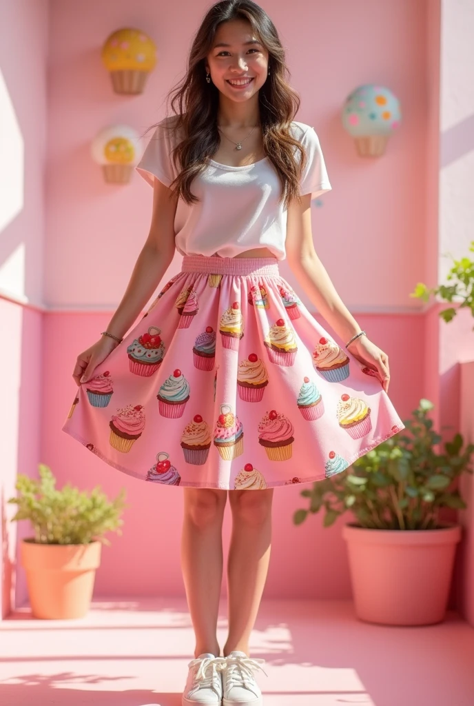 pink knee-length skirt with assorted cupcake print a little larger larger
