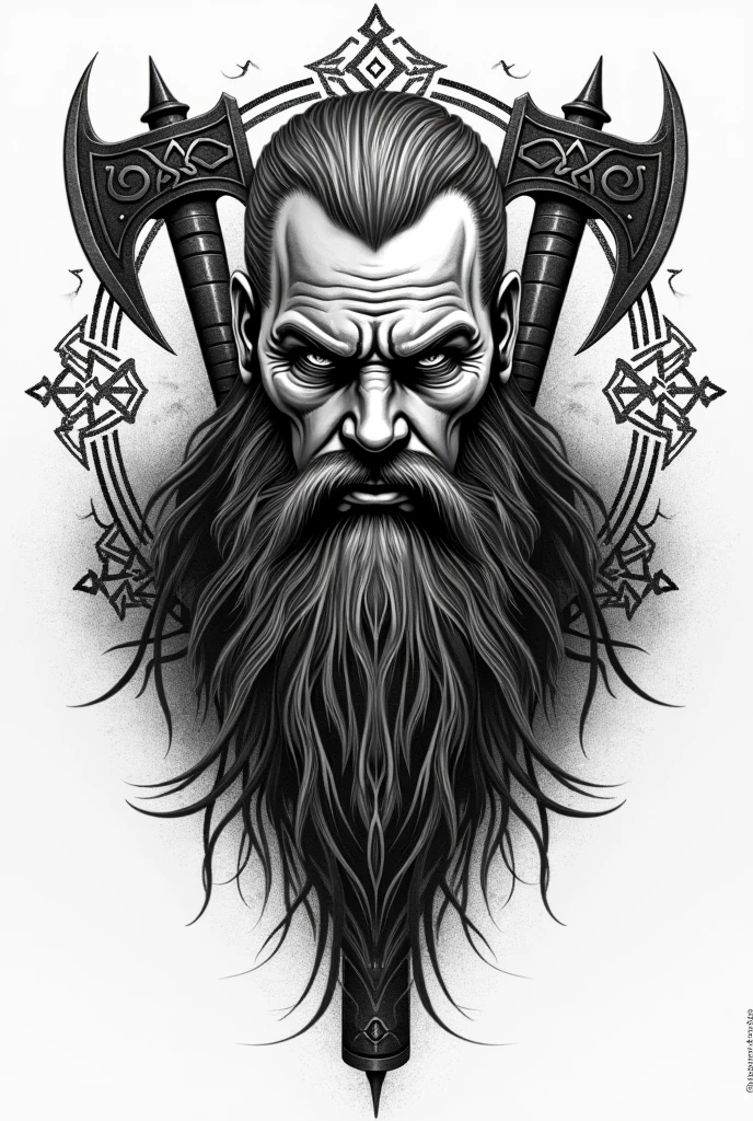 Create a black and white stippling viking tattoo with viking runes and sharp axes for a tattoo