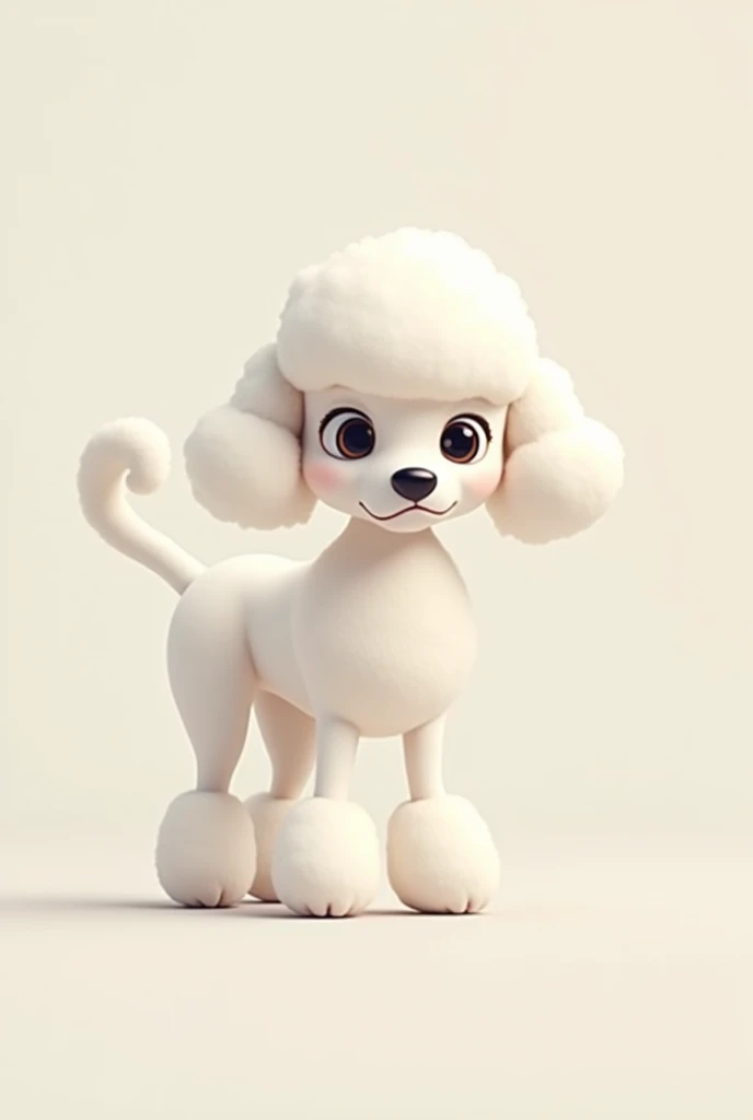 White and very flat poodle, with a thin snout, wavy ears, everything animated  