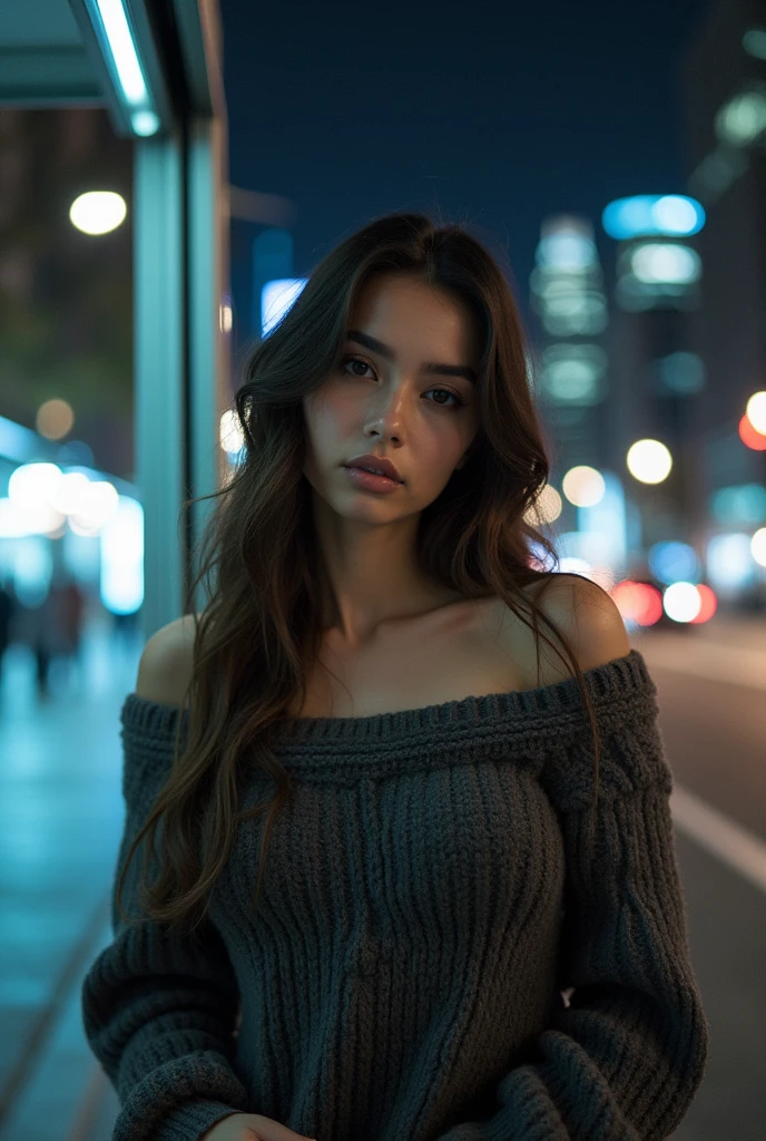 ((best quality)), ((masterpiece)), (detailed), 1girl, off-shoulder sweater, beautiful woman stands at the bus stop in the city at night