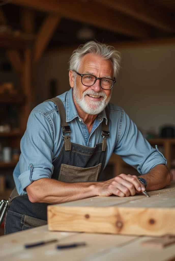 50-year-old man in his garage, happy with wood on the bench building a dresser. Super realistic image. White man, with light hair and glasses.