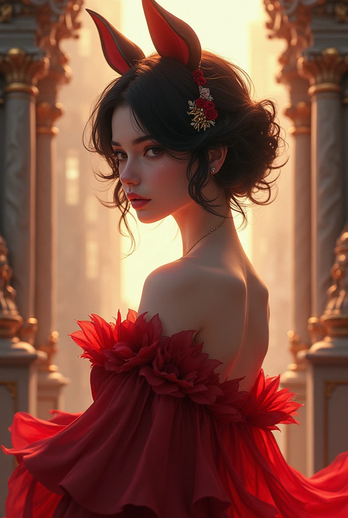 original, détail complexe, illustration, chef-d'œuvre, fond d'écran CG Unity 8k extrêmement détaillé, souligner, Affûtage, dynamique, bokeh, , une belle fille portant une robe rouge avec un animal_oreilles et cheveux courts_ornement