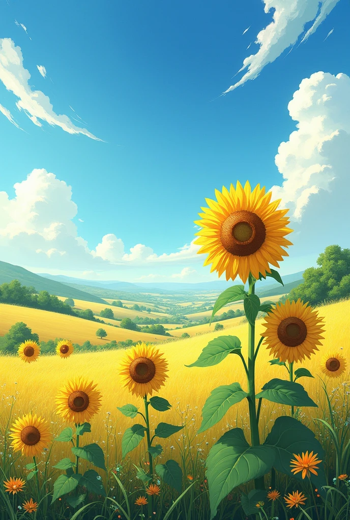 A somewhat simple but pretty landscape with some beautiful sunflowers, like two or three sunflowers.