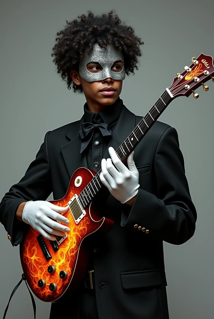 Create an image of a young adult man with brown skin and curly hair., with a silver mask, a black bow around his neck, with white gloves, playing a black acoustic guitar with fire details on it and he is dressed in black