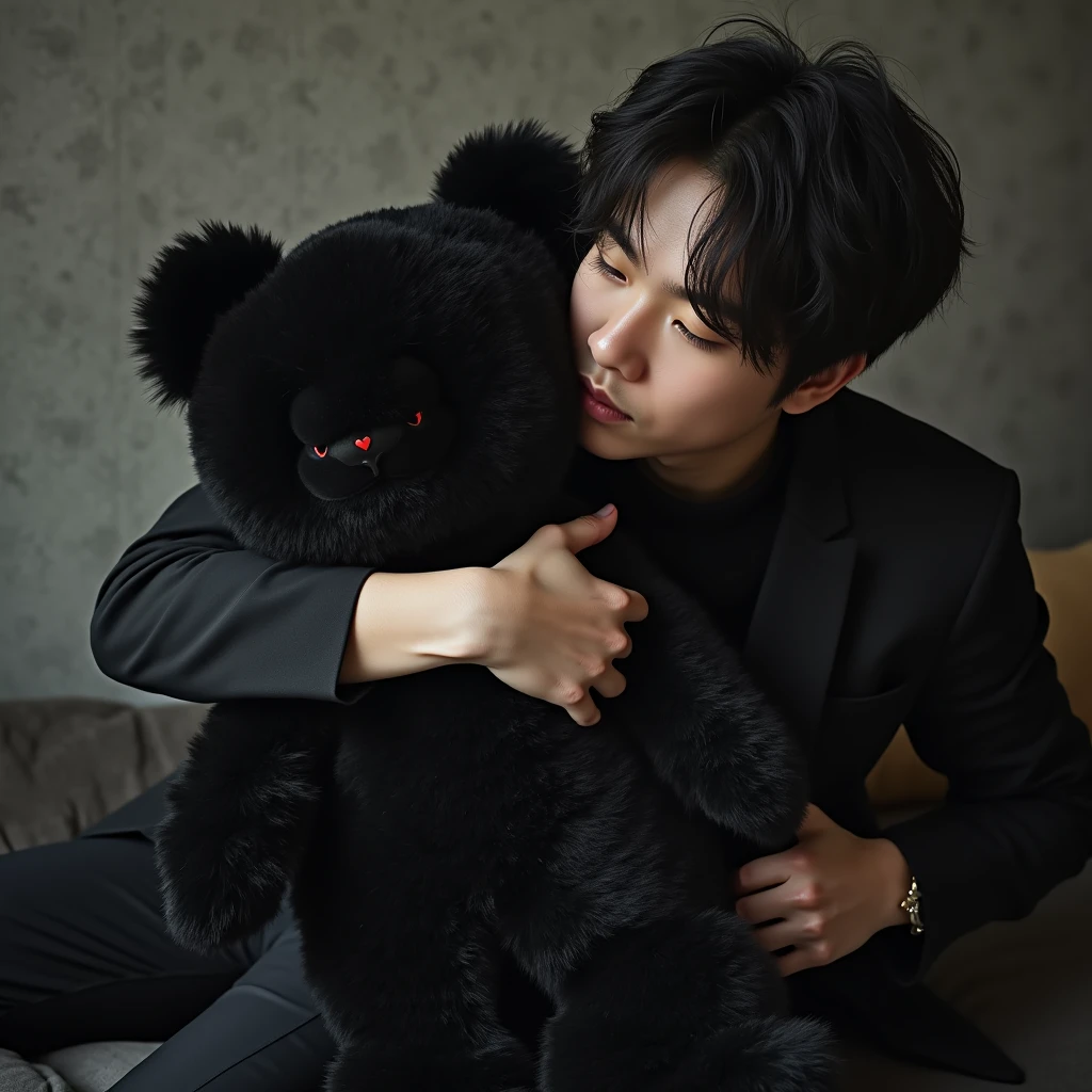 Korean ulzzang man hugging a gothic plushie 