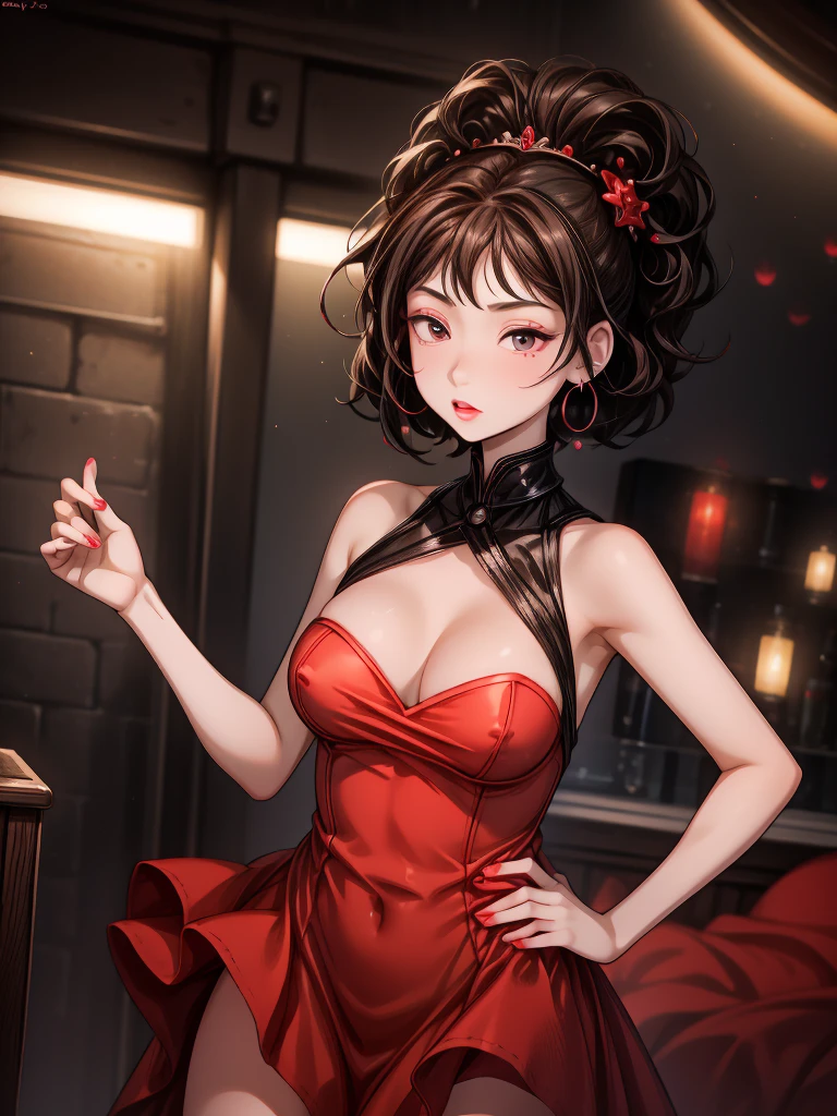 (8K HDR photorealistic pic), Betty Boop, short, althetic, curvy lady, ((tight little red dress)), dark eyebrows, black lipstick, (hoop earrings), dark eyeshadow, black lipstick, curvy, busty, (curly short black hair), shortstack, (retroussé breasts), darling figure, (supple pouting breasts), firm thighs, hourglass figure, kerchief, big brown eyes, dancing seductively
