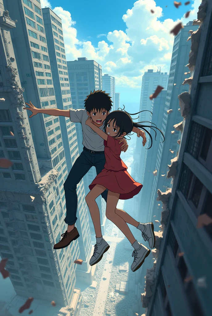 A boy and a girl are falling after breaking the glass of a building. Like the ground and they are activating their transportation. They are falling from the ground very fast and there are goons also and sometimes the city and sometimes the big building is visible from the top boy age is 26 girl age is 33 in anime Sorry the building is falling apart In O Saathi, the whole ground is breaking down. Everything is breaking down. The whole world around us is about to end but our characters are crying a lot and boy hug his big sister [boy age is 19 girl age is 34]