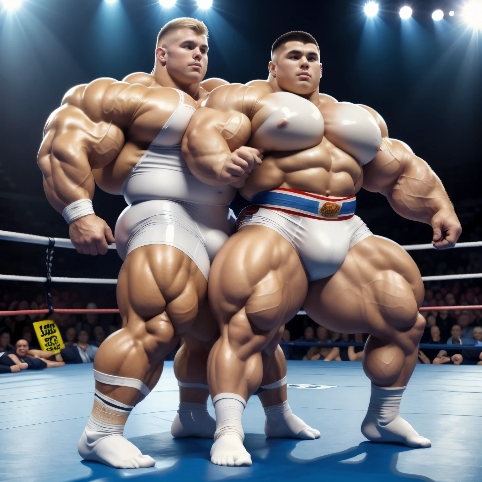 full view full body, Two different white very small but enlarged men, over-bodybuilded, over-inflated and over-muscled on steroids, stuffed like gorets, looking like muscle balloons, they are as wide as they are tall, blond with short undercut cuts, in shiny white latex skinsuits and white socks, fiercely wrestling in a wrestling ring in their white socks , no shoes There are spectators around