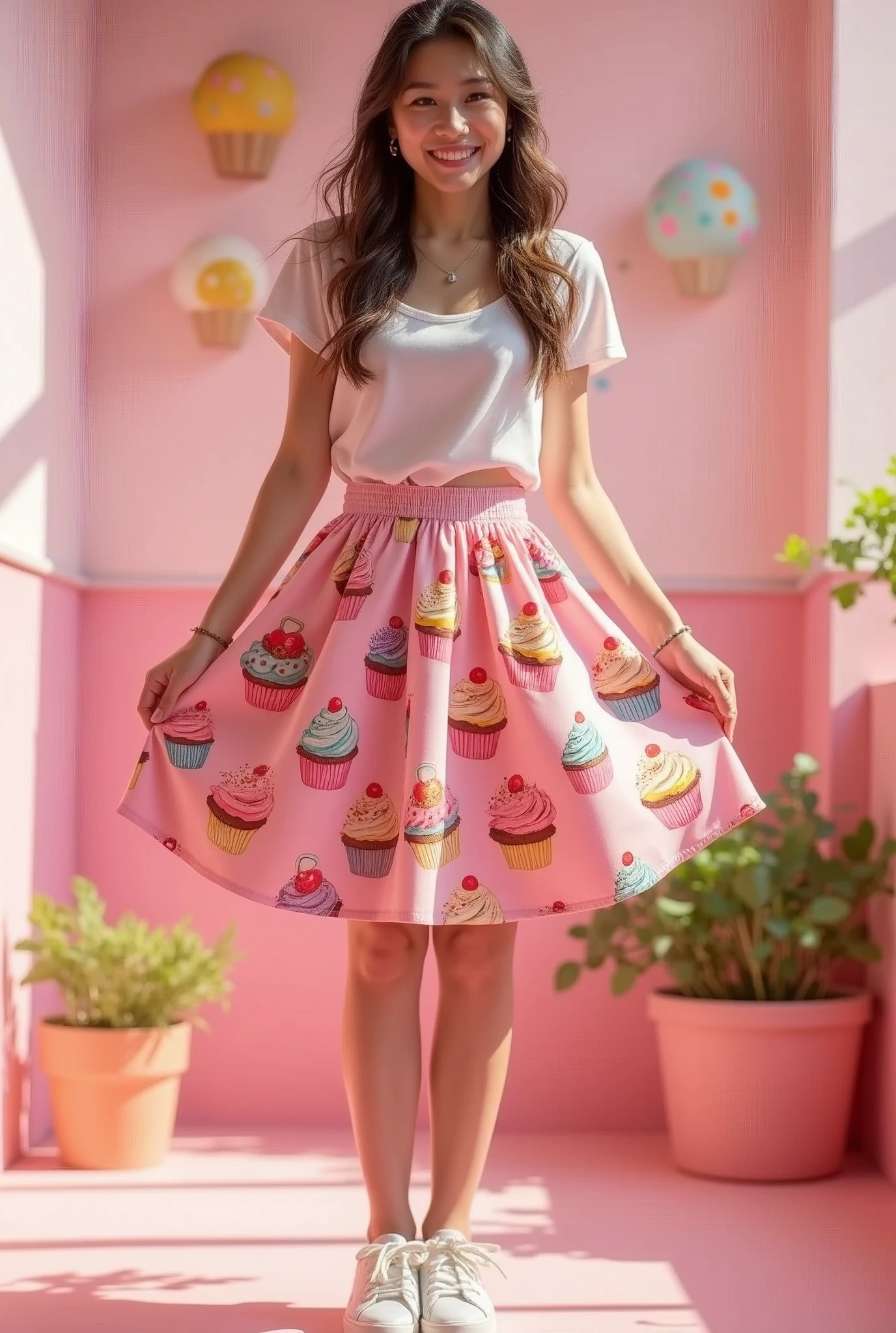 pink knee-length skirt with assorted cupcake print a little larger larger