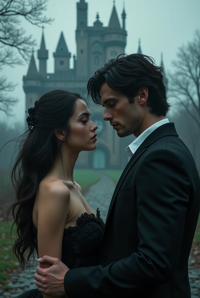 I want an image of a beautiful brunette girl with white skin. In the background of her, there is a dark gothic castle. Beside the girl, there is a handsome, tall, white man with black hair and a suit.