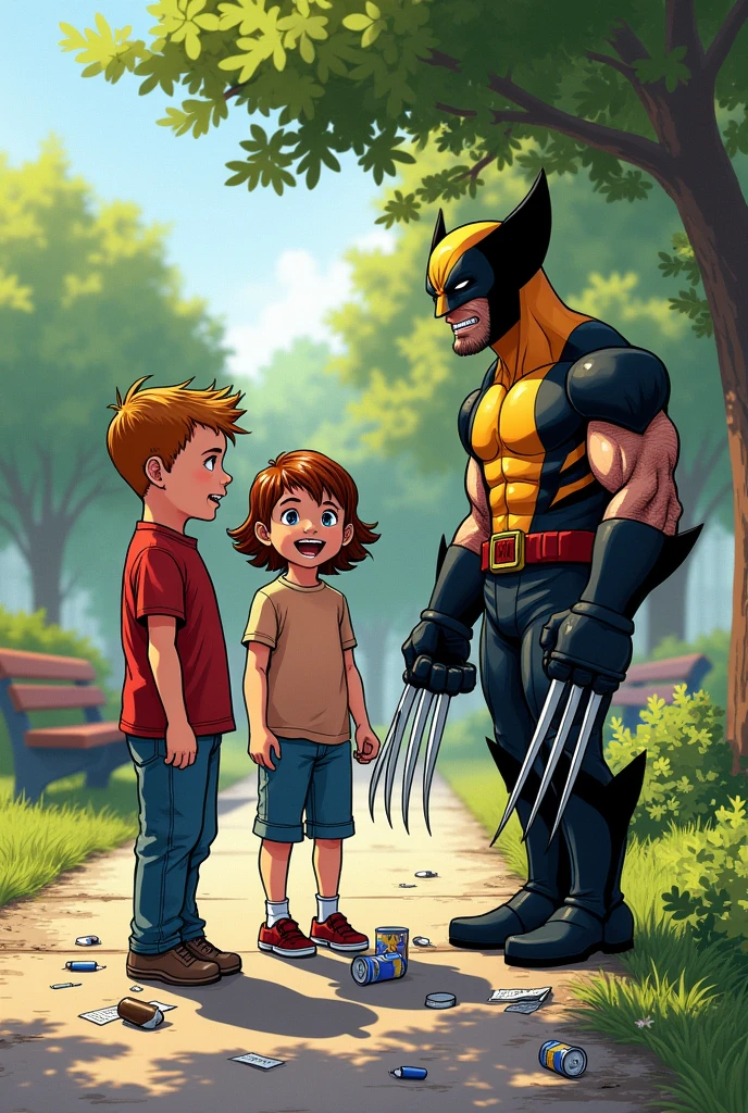 Two children talking while Wolverine picks up trash with his claws