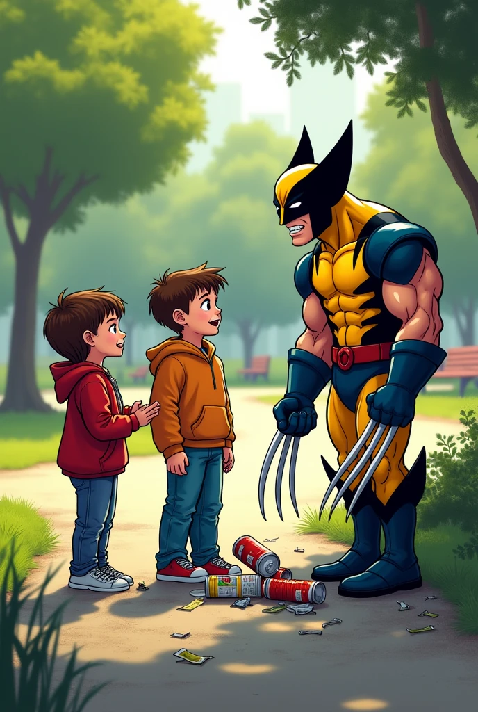 Two children talking while Wolverine picks up trash with his claws