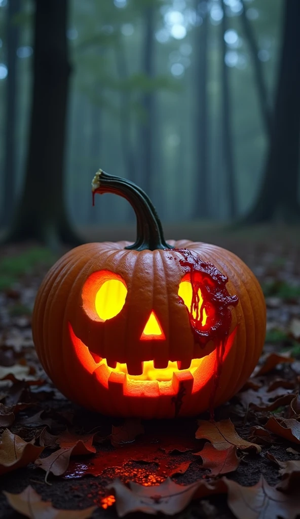a halloween pumpkin with blood, pumpkin illuminated from the inside, scary, halloween scene, macabre, leaf floor in the forest, blood
