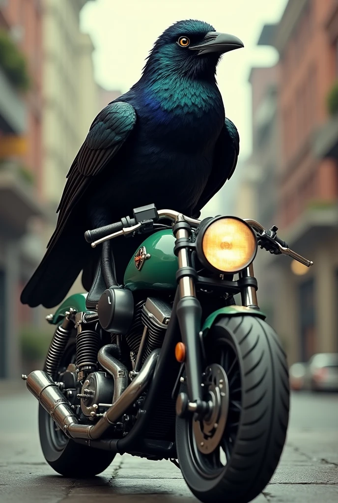 Black-bellied Grackle, with beard, riding a motorcycle. 