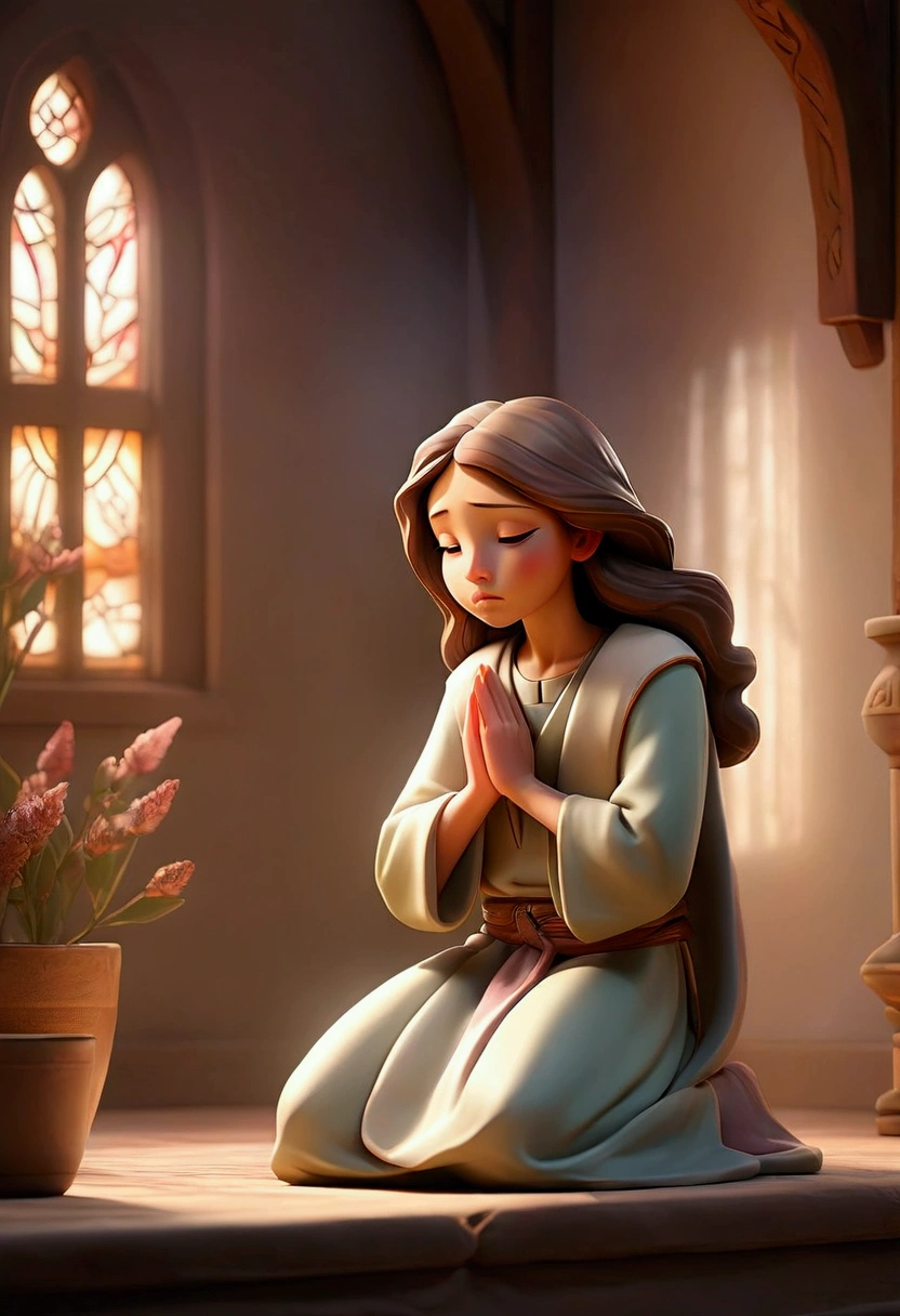 "A spiritual scene of a person kneeling in prayer in a quiet room, with an atmosphere of deep devotion and divine connection. The person has his eyes closed, with her hands together, conveying a message of love and strength. A soft celestial glow descends from above, illuminating the person and the surrounding environment, symbolizing the presence of Jesus. No fundo, The room is simple, with soft tones and subtle lighting, highlighting the serenity of the moment. The image conveys a powerful message of hope, faith, and strength to overcome difficulties, peace and spiritual light."