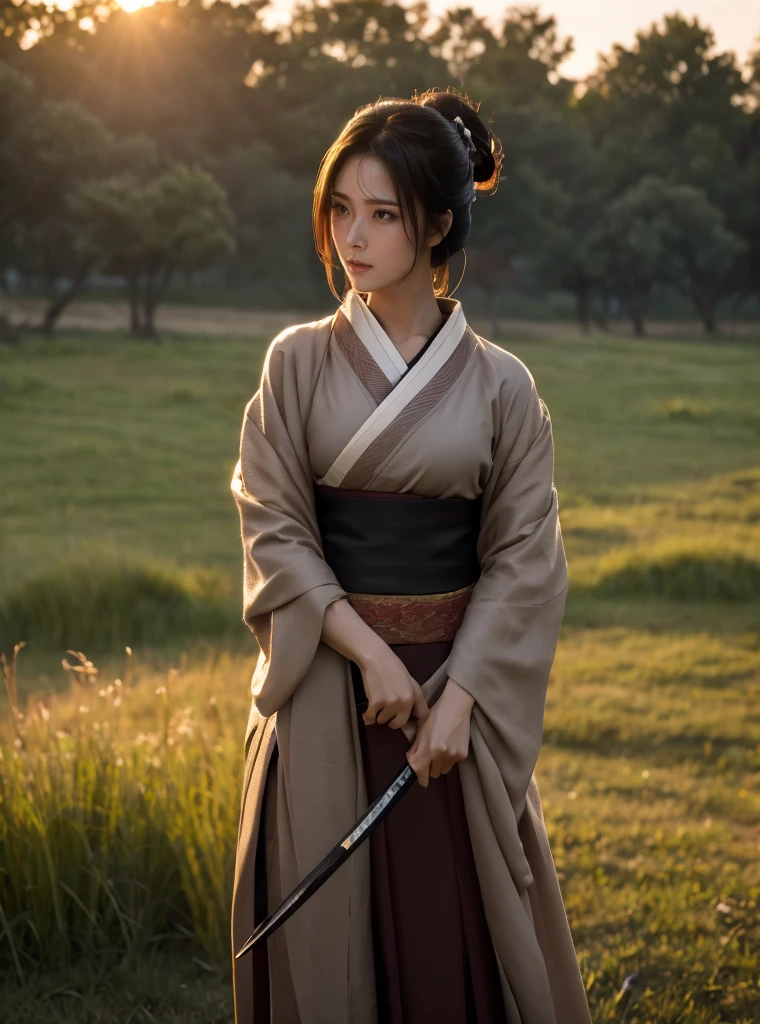 A lone samurai woman standing in a peaceful field at dusk, ready to draw her katana. She is wearing traditional samurai attire from the Sengoku period of Japan, consisting of a black and dark brown kimono-style robe with wide sleeves, tied with a dark obi around her waist. Her right hand is gripping the hilt of her katana, positioned near her waist as she prepares to draw it, while her left hand is steadying the sheath. Her posture is tense but focused, capturing the precise moment before action. Her hair is tied up in a traditional warrior style, and her face shows calm determination. The scene is set in a quiet field with tall grasses swaying gently in the wind, under the fading light of dusk. The color palette is soft and muted, with earthy tones for both the environment and her attire, and the background is simple, with birds flying in the distance."Additional Parameters:Style: Realistic, with a focus on action and tension in the poseLighting: Soft dusk lighting with warm, fading sunlight casting long shadowsColors: Dark black and brown tones for the attire, earthy and muted tones for the grass and skyComposition: The samurai woman centered, in a poised stance, with her katana halfway drawn, the quiet field around her creating a sense of serenity and focusEnvironment: Quiet field at dusk, soft wind moving the tall grass, birds flying in the distance