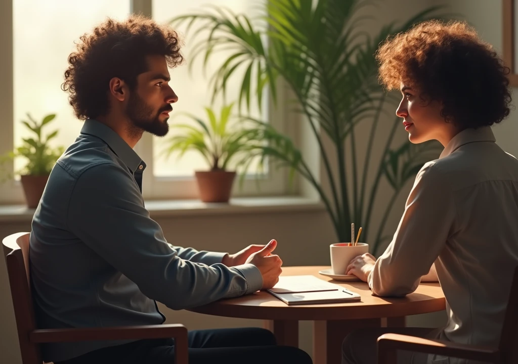 (photorealism:1.2) man, sitting front of HR and giveing him interview, wearing Cort pants, curly hair, indoors, soft lighting, plants in background, window with sunlight, cozy room, nervous pose, realistic, intricate details, warm colors