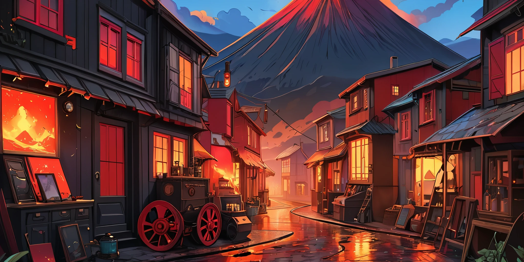 Dessinez une affiche d'anime lofi, village, volcan, Décoration Steampunk, lave, Lumière, une belle palette de couleurs en noir rouge, couleurs saturées vibrantes, ouvrages d'art, les jours, thème animé