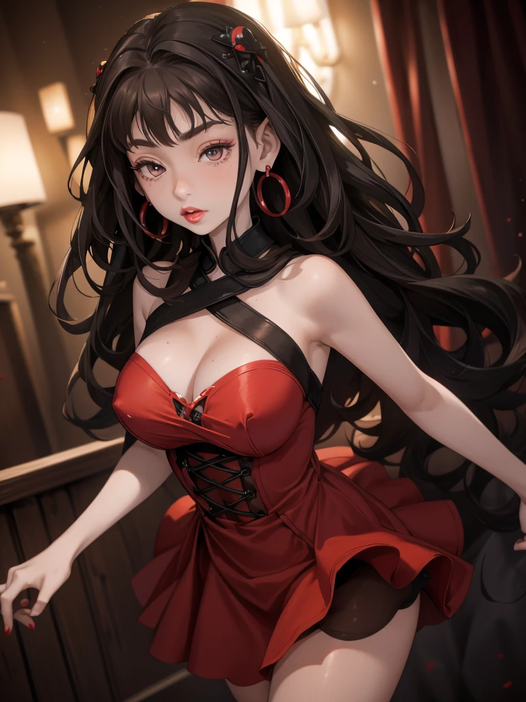 (8K HDR photorealistic pic), Betty Boop, short, althetic, curvy lady, ((tight little red dress)), dark eyebrows, black lipstick, (hoop earrings), dark eyeshadow, black lipstick, curvy, busty, (curly short black hair), shortstack, (retroussé breasts), darling figure, (supple pouting breasts), firm thighs, hourglass figure, kerchief, big brown eyes, dancing seductively