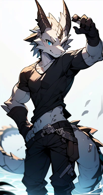 Masterpiece, Cool Pose, Furry Gray Dragon, Medium Strong Body, Blue Eyes, Grey Medium Hair, Combat Black Shirt, Combat Gloves, Combat Pants, Fierce, Good looking