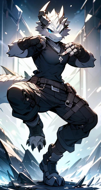 Masterpiece, Cool Pose, Furry Gray Dragon, Medium Strong Body, Blue Eyes, Grey Medium Hair, Combat Black Shirt, Combat Gloves, Combat Pants, Fierce, Good looking 