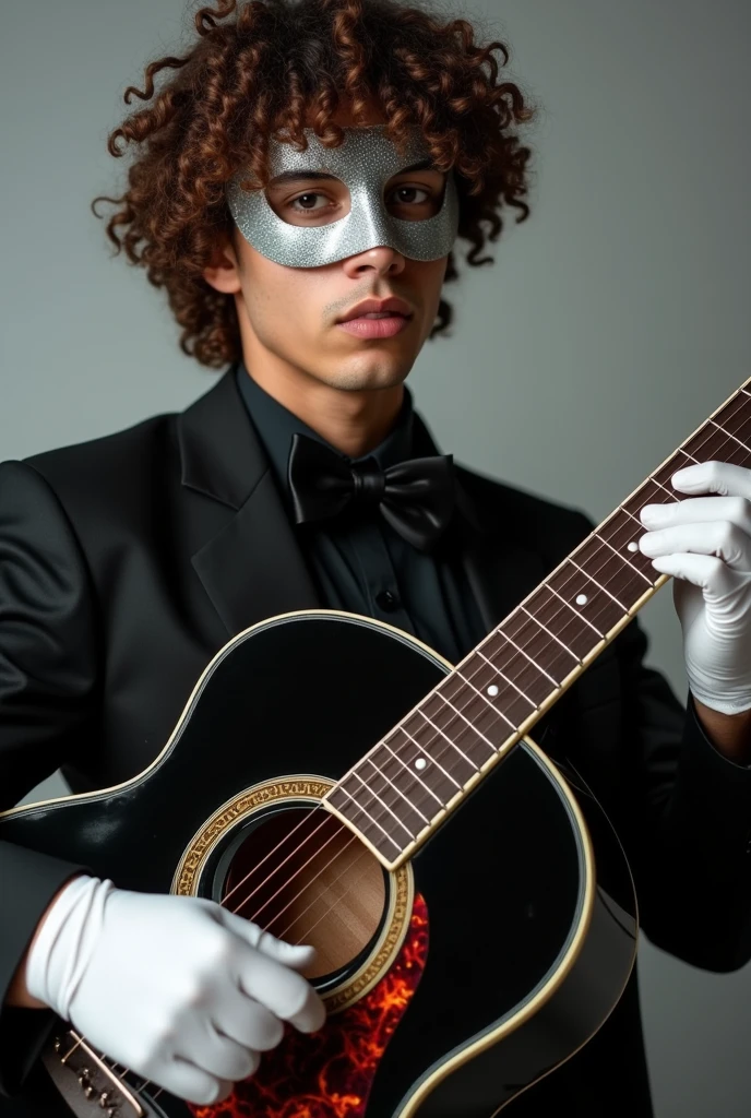 Create an image of a young adult man with brown skin and curly hair., with a silver mask, a black bow around his neck, with white gloves, playing a black acoustic guitar with fire details on it and he is dressed in black