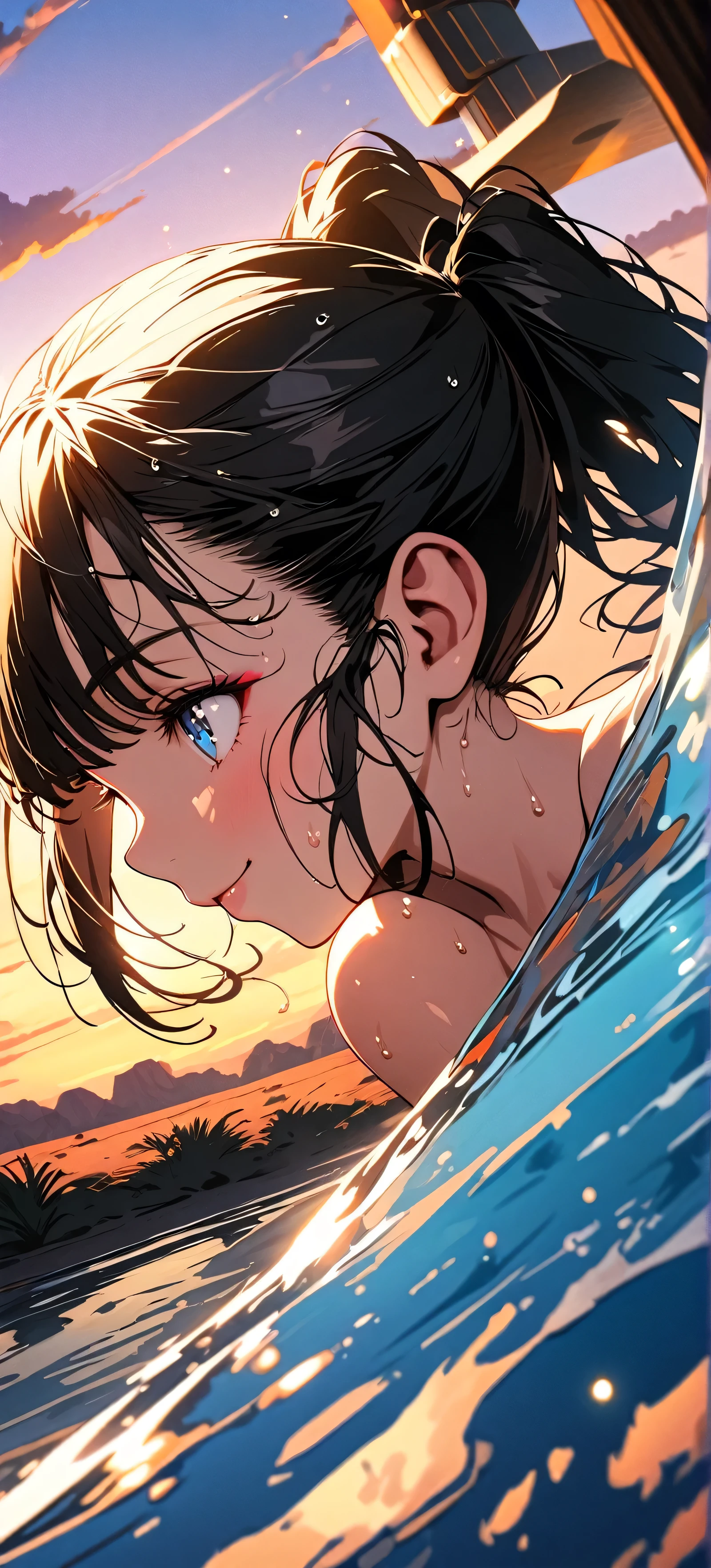 (beautiful girl: 1.3),masterpiece, Highest quality, Ultra-high resolution,Rich contrast,super high quality,8k,Highly detailed CG unit wallpaper,masterpiece:1.2,Ultra-high resolution,RAW Photos,Black Hair,Both sides up,Long eyelashes, Slanted Eyes,Big eyes,Detailed eyes,Watery eye,vapor,evening,naked,Born as is,Glowing Skin,Natural Makeup,jogging,(Sweat:1.3),Wet,Desert Oasis,Sensual,Silver Spring,Sunset reflection,Please put your feet up,A light smile,(profile:1.3),(Rear View:1.3)