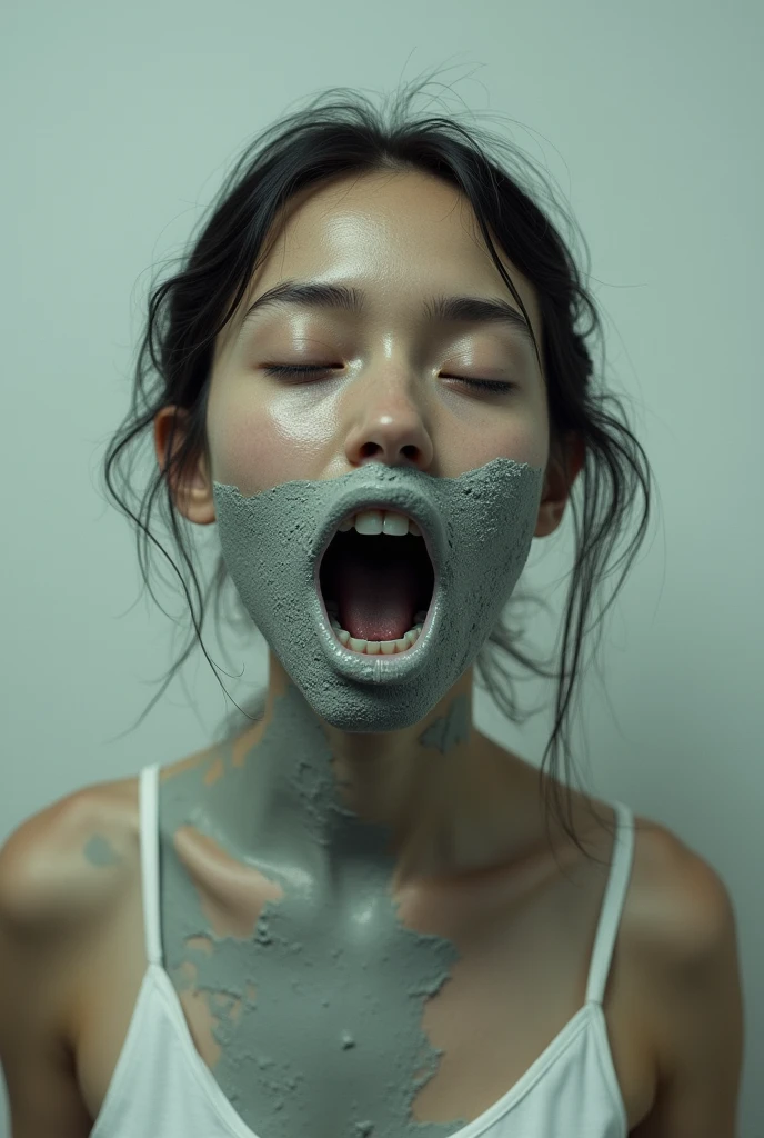 Woman with cement in her mouth
