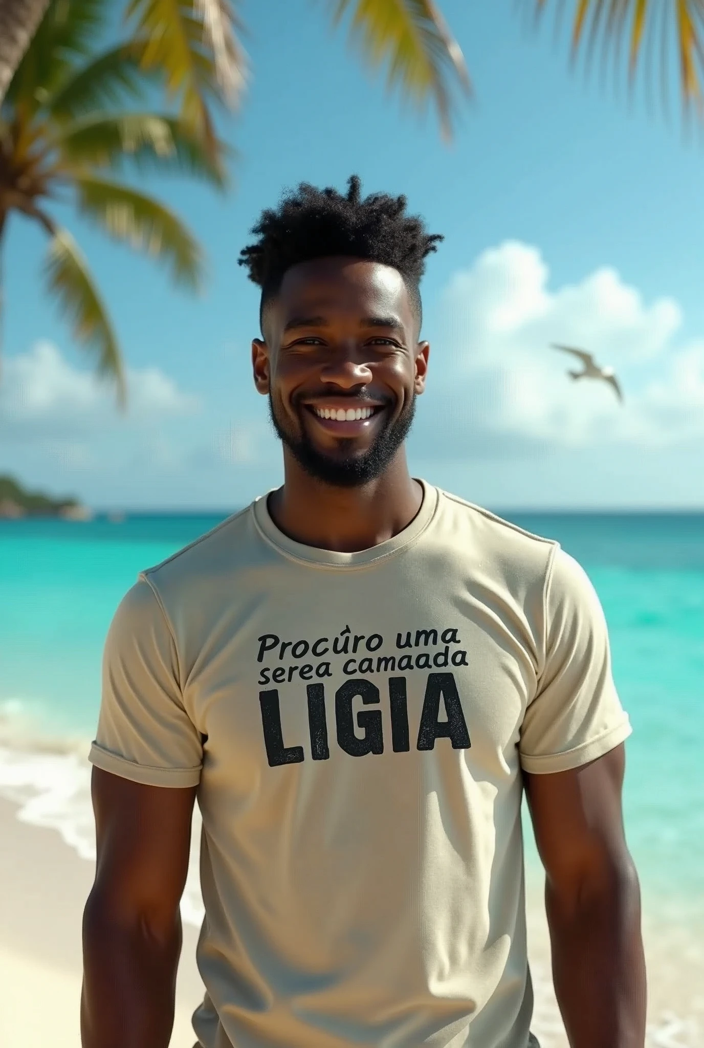 create an image of a young black man between 31 years old wearing a t-shirt with the phrase. I am looking for a mermaid named Ligia.
The sentence must be written in Portuguese.