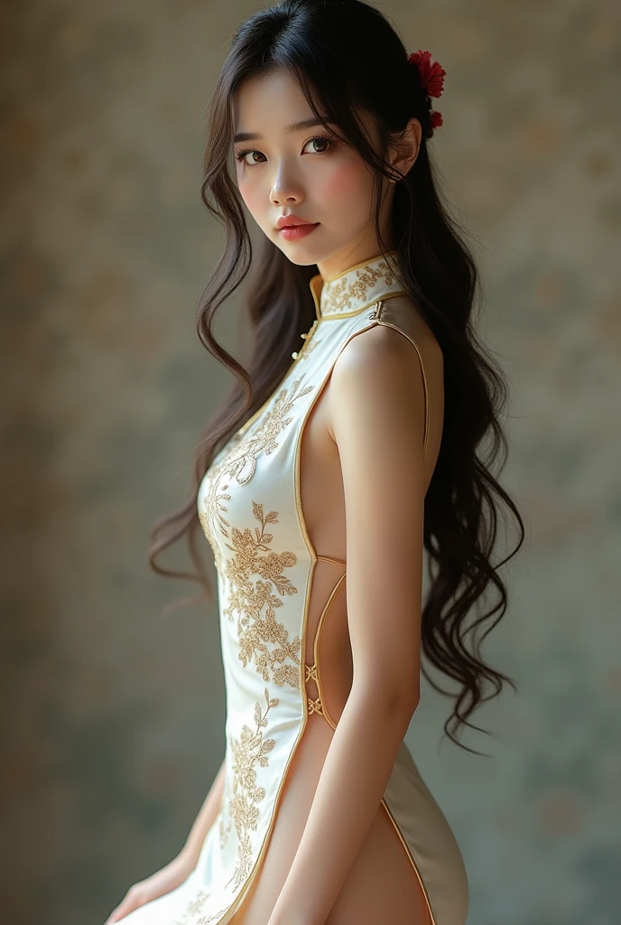 Young Asian girl in white cheongsam with embroidery looking sexy, long bare legs