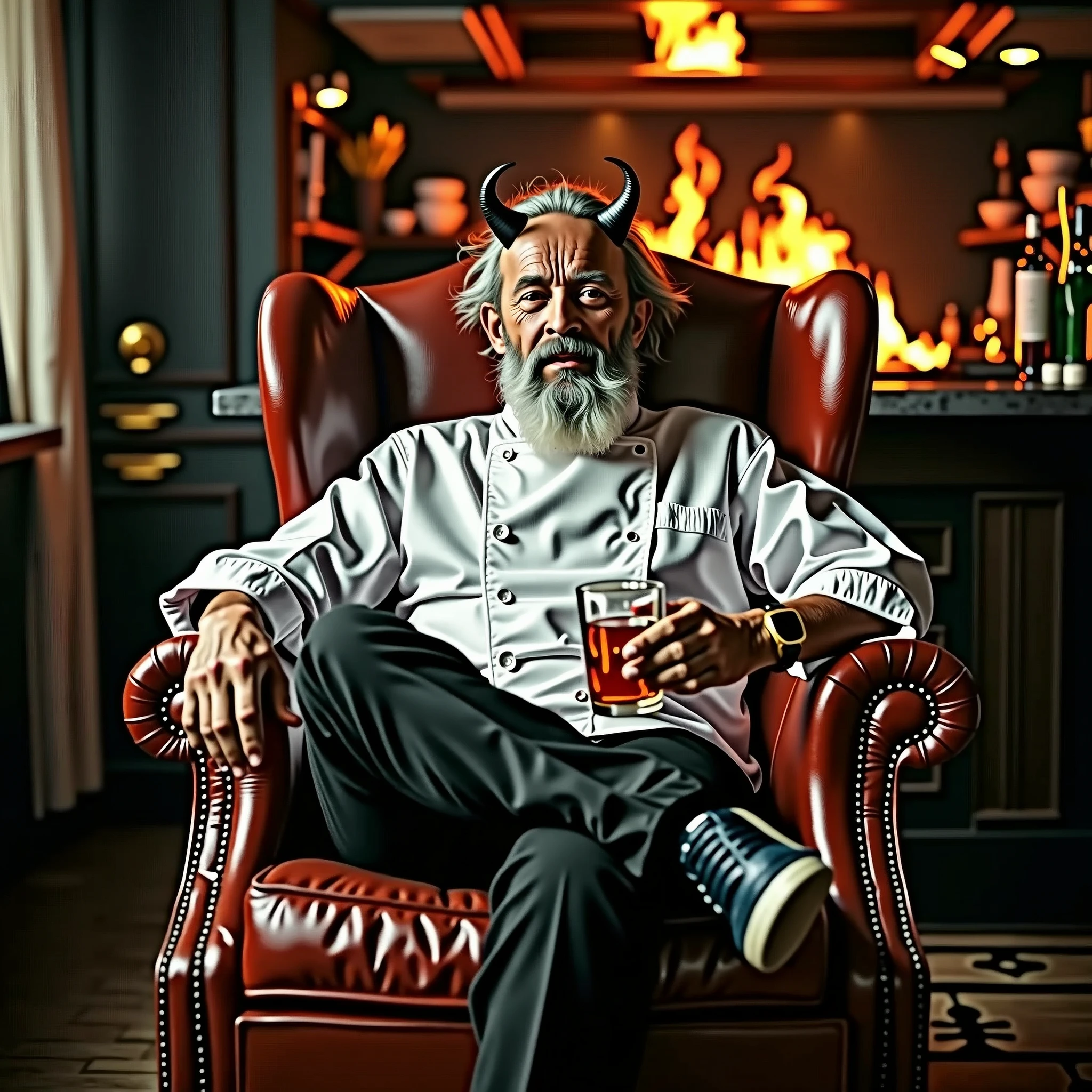 a 50-year-old chef seated in a worn leather armchair. His white beard and hair with devil horns on his forehead give him an air of wisdom and experience. with one leg crossed over the other, holding a glass of whiskey while a cigarette rests peacefully on his left . His gaze is imposing. wrapped in an intense atmosphere of fire a hotel kitchen in chaos, with flying food elements as if time had stopped