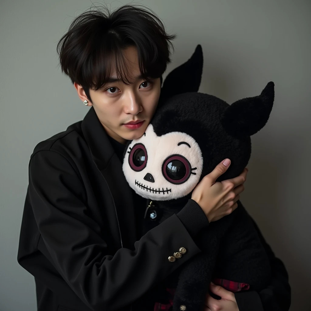 korean male idol ulzzang hugging a gothic plush toy