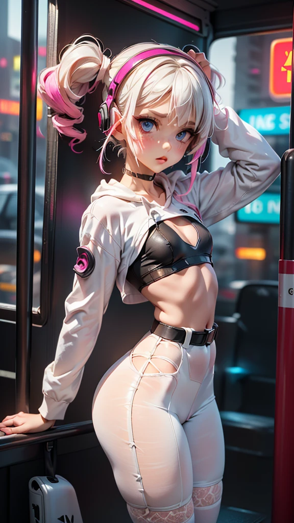 1girl, innocent, alone, ((waiting a bus:1.5)), (view_from_front:1.5), (instagram yanakryukova), (seductive_facial_expression:1.4), sweety, cute, kawaii, perfect face, galactic_young_princess, ((little breasts, flat_chested, small chest:1.6)), ((little nipples, natural nipples)), top model figure, (skinny), (perfect little ass, round ass, long legs, slim legs), pale skin, soft skin, caucasian ager, slender girl, natural make-up on eyes only, perfecteyes, black_eyes, (innocent_looking:1.4), oval jaw, freckles, natural_beauty, (white hair, bright pink hair, dreadlocked pigtails, long bangs, drill hair), ((she is wearing a white transparent lace bodysuit, print white cotton leggings, white transparent lace hoodie, lace collarbone, cleavage cutout, cameltoe, and techwear high boots)), ((wearing an intricate detailed techwear white outfit)), ((cute neon head accesories:1.6)), punk_hair_ornaments, pastel_goth, punk, fantasy_princess, necklace, earring, cute 18 years old girl, skinny young girl, white theme, (bokeh, depth of field, blurry background, light particles, fog), ((detailed sci-fi cyberpunk bus stop background:1.6)), ((real life, realistic, profesional photography, photo_realistic, hyper_realism, ultra-detailed)), photography by Tim Walker, Tim Walker masterpiece, best_quality, 8K, soft tones, pastel tones, low saturation, (contrast:0.3), muted colors, cold light, neon, Ex_Machina_movie, studio light, (((hyper quality 32k))), neon, pink legwear, pink thighhighs, thigh strap, short pants, puffy long sleeves, covered navel, neon hair, hair extensions, blue eyes, jacket, red tank top, belts on clothing,Expressiveh, 1girl, micro shorts, pink shorts, walking,, masterpiece, best quality, highly detailed, Back view, extremely detailed CG unity 8k wallpaper, best quality, ultra-detailed, masterpiece, realistic, photo realistic, blush, parted lips, looking at viewer , half body shot , (Perona One Piece), ping long hair, blushing, beautiful face, embarrassed face, stan