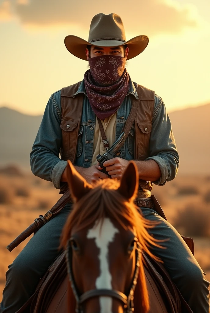 A cowboy with a revolver and a bandana covering his face while riding a horse 
