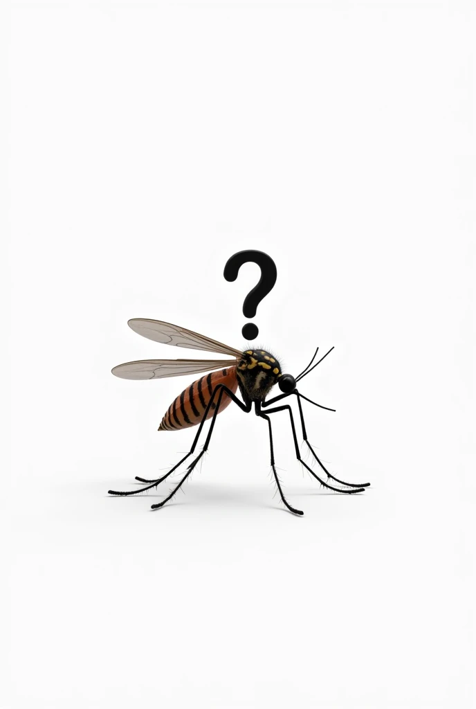 CREATE AN IMAGE OF A DENGUE MOSQUITO WITH DOUBT, WITH A QUESTION MARK OVER HIS HEAD ON A WHITE BACKGROUND