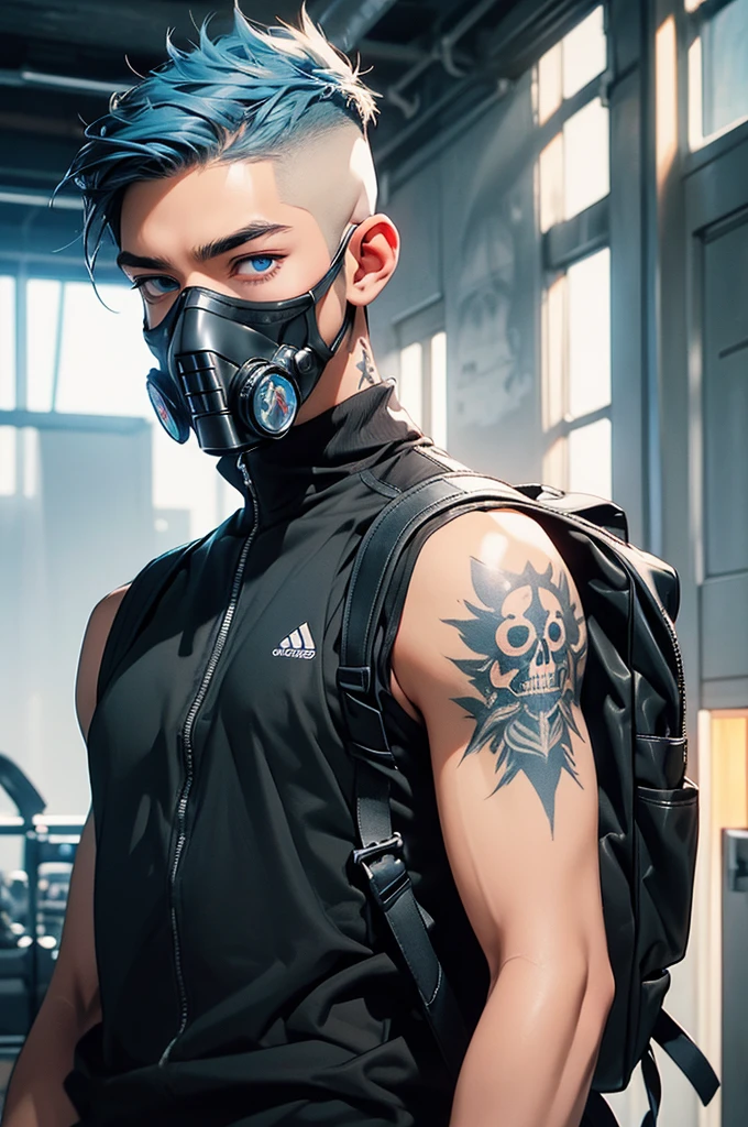 Young man with medium-length blue hair, light blue eyes, black pants, skeleton motifs on clothing, gas mask-style mask over mouth, tight-fitting black leather sleeveless t-shirt with ribcage motifs, tight-fitting clothing, visible navel, freckles, tattoos, long eyelashes, war paint on dripping face, does not smile, beautiful eyes, delicate features, soft colors, serene atmosphere, high quality, detailed, photorealistic, photo-realistic:1. 37, 4k, ultra-detailed, extremely detailed, hyperrealistic, highly detailed, masterpiece:1.2, vibrant colors, natural lighting, cinematic, dramatic, fantastic, magical, surreal, backpack with papillions inside.