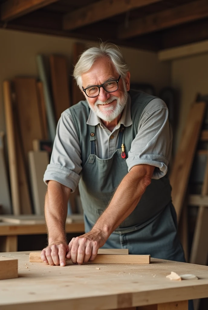 45 year old man in his garage, happy with wood on the bench building a dresser. Super realistic image. White man, with light hair and glasses.